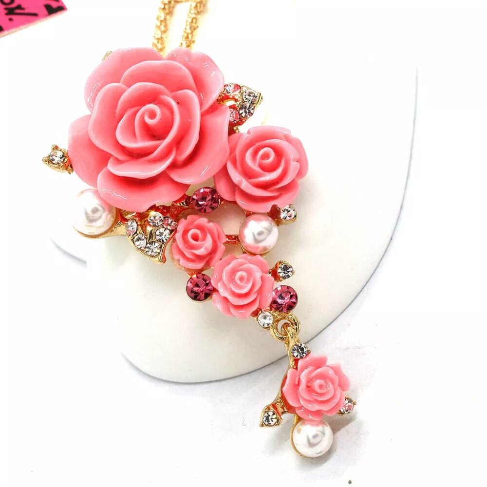 Betsey Johnson cascading roses pearl crystal brooch pendant necklace NEW